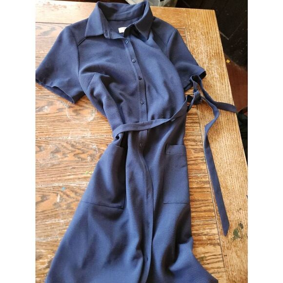 RACHEL PARCELL Navy Peacoat Navy Blue Collared Front Button Short Sleeves High-L - Picture 2 of 5